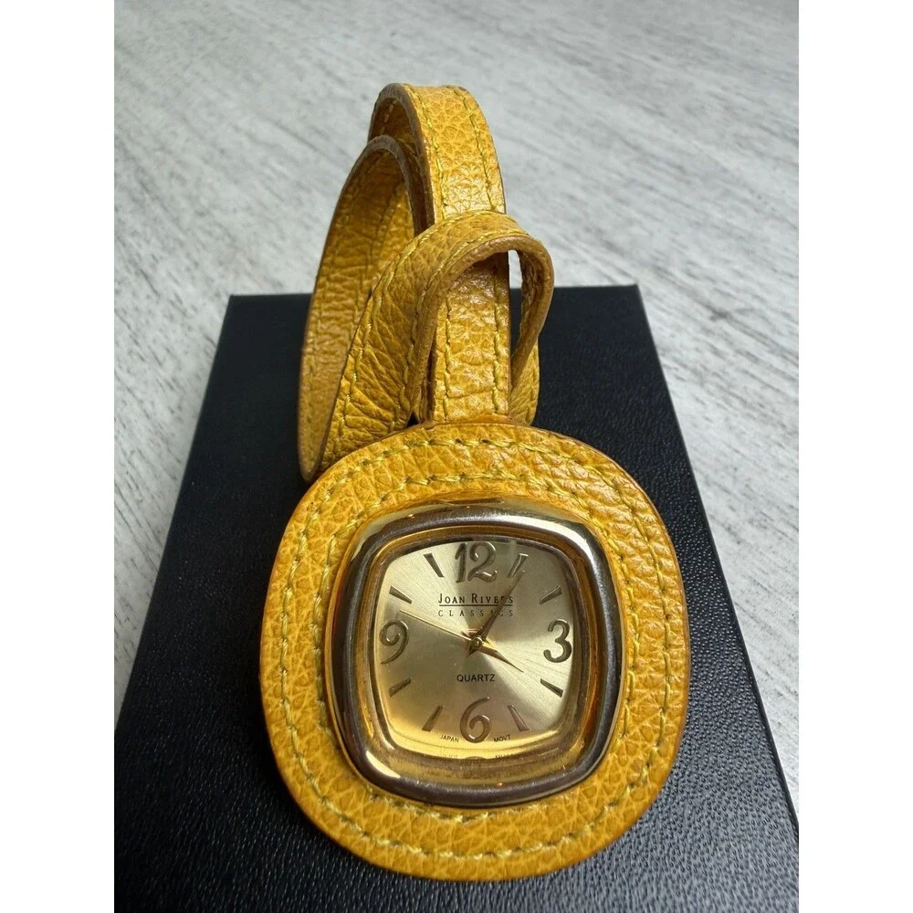 Vintage Joan Rivers Classics Mustard Yellow Leather Bag Charm Watch Square Gold